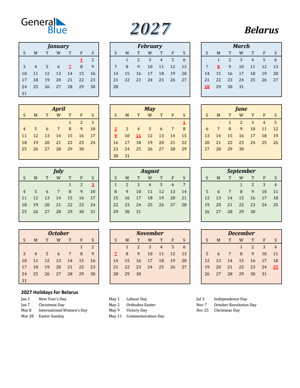 Belarus Calendar 2027 with Sunday Start