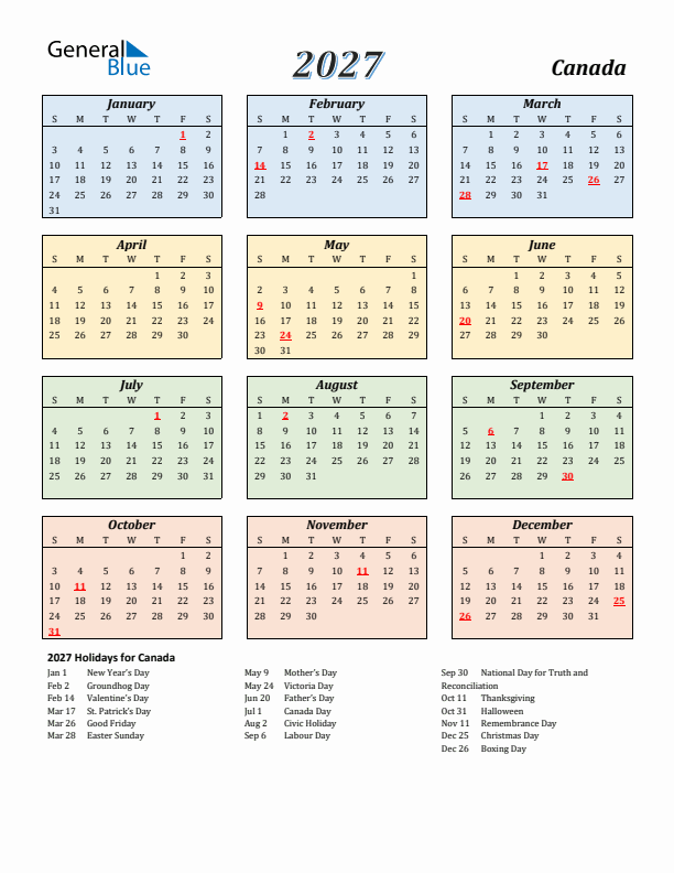 Canada Calendar 2027 with Sunday Start