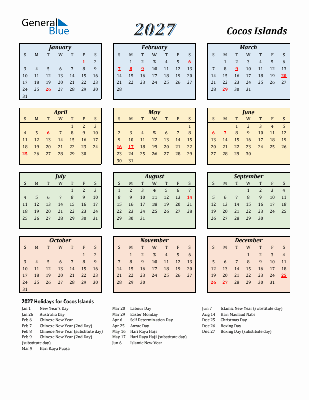 Cocos Islands Calendar 2027 with Sunday Start