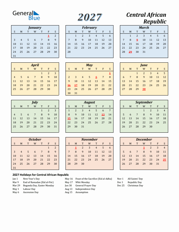 Central African Republic Calendar 2027 with Sunday Start