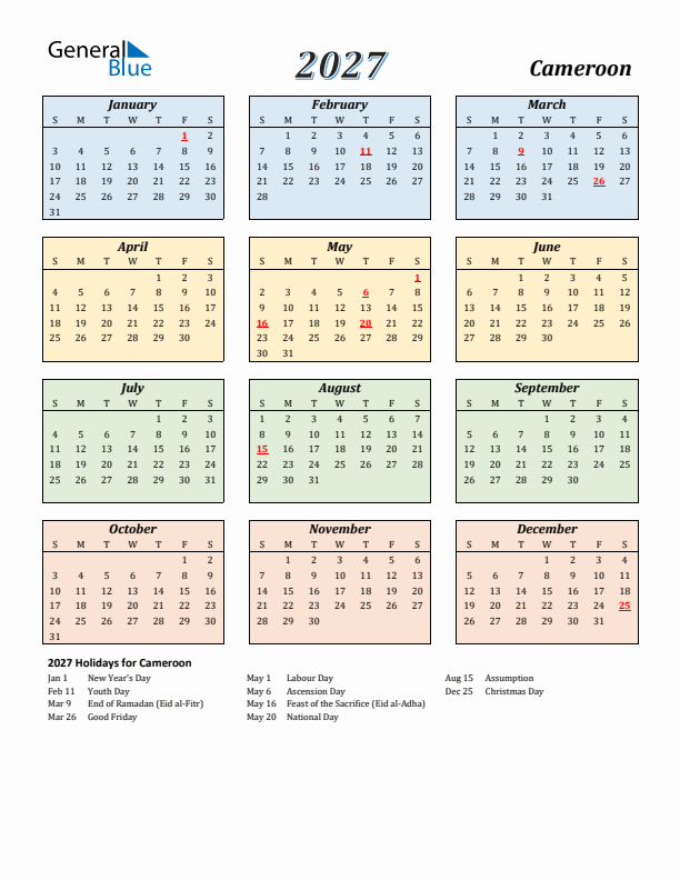 Cameroon Calendar 2027 with Sunday Start
