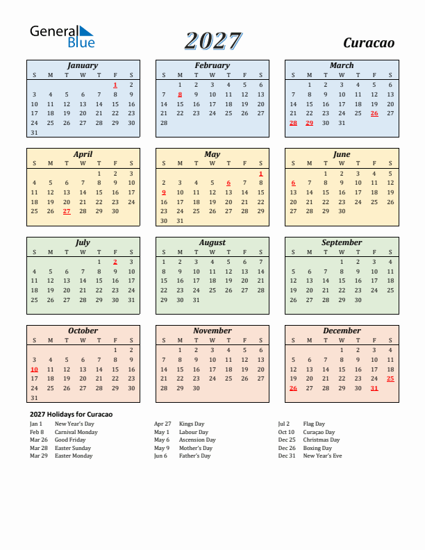 Curacao Calendar 2027 with Sunday Start