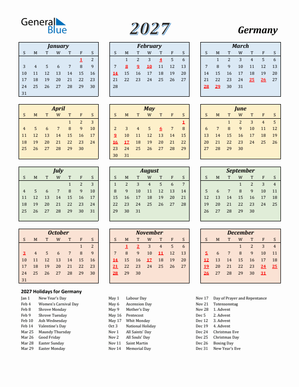 Germany Calendar 2027 with Sunday Start