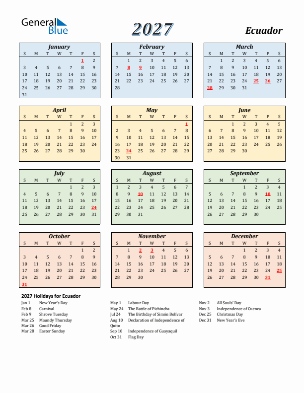 Ecuador Calendar 2027 with Sunday Start