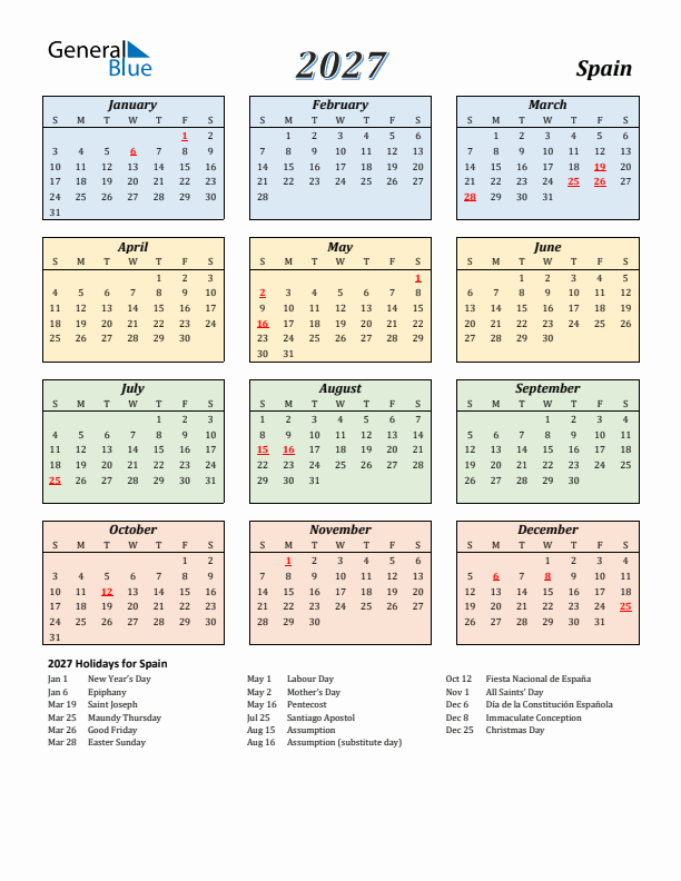 Spain Calendar 2027 with Sunday Start