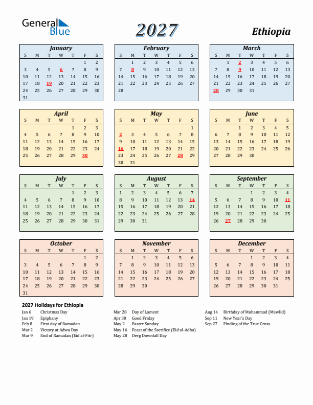 Ethiopia Calendar 2027 with Sunday Start