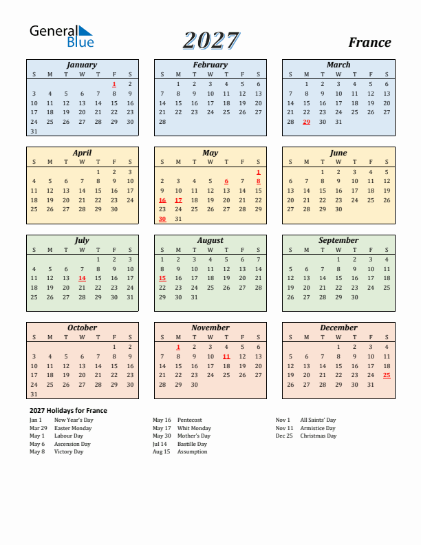 France Calendar 2027 with Sunday Start