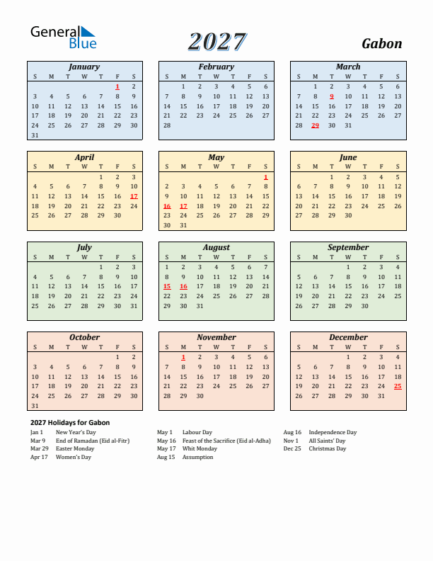 Gabon Calendar 2027 with Sunday Start