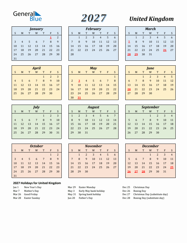 United Kingdom Calendar 2027 with Sunday Start