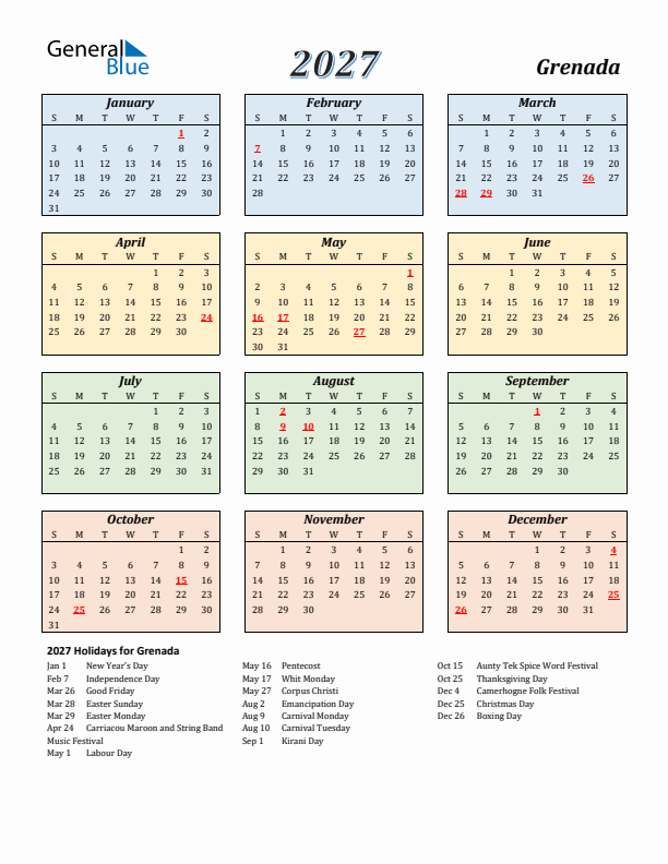 Grenada Calendar 2027 with Sunday Start