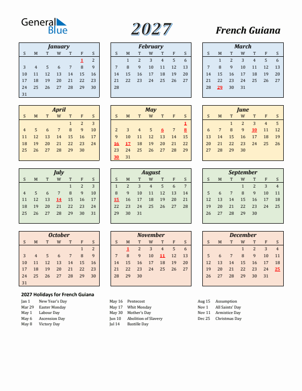 French Guiana Calendar 2027 with Sunday Start
