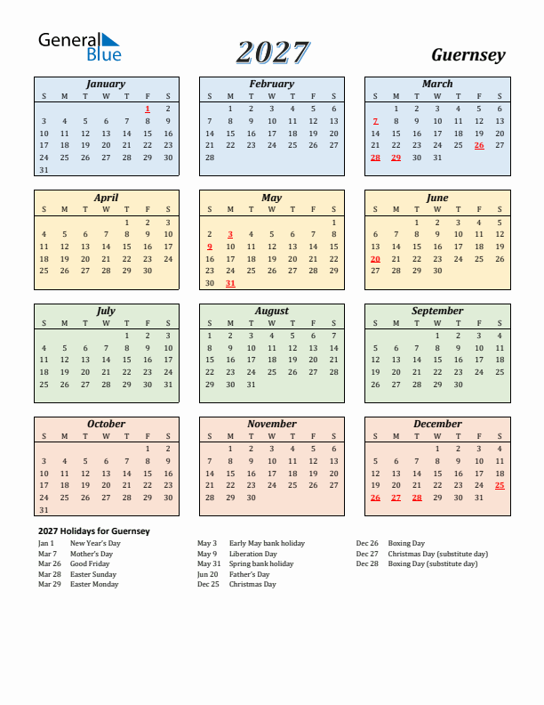 Guernsey Calendar 2027 with Sunday Start