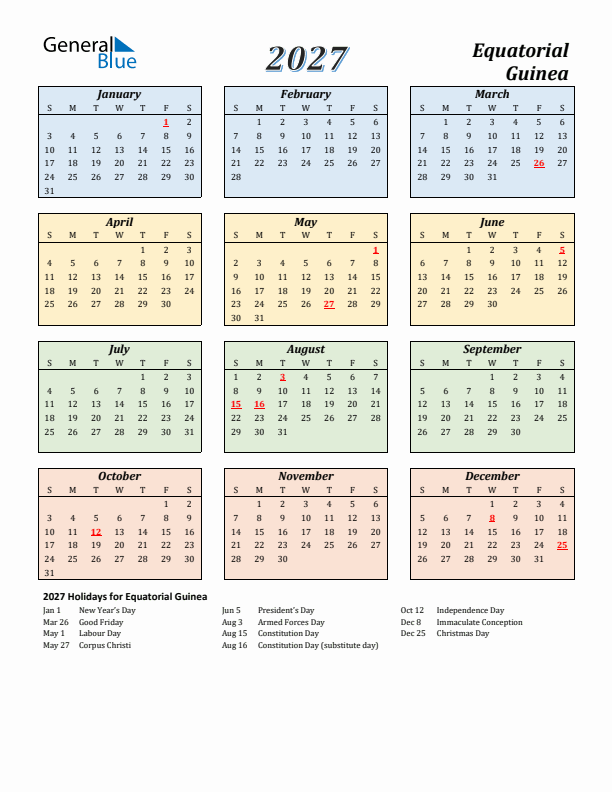 Equatorial Guinea Calendar 2027 with Sunday Start