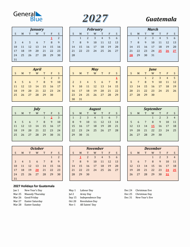 Guatemala Calendar 2027 with Sunday Start