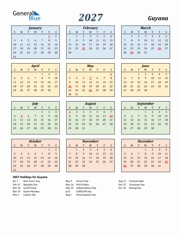 Guyana Calendar 2027 with Sunday Start
