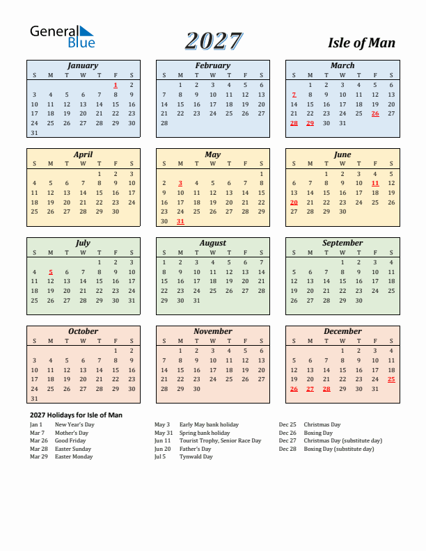Isle of Man Calendar 2027 with Sunday Start