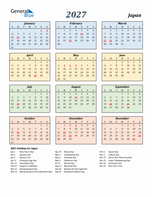 Japan Calendar 2027 with Sunday Start