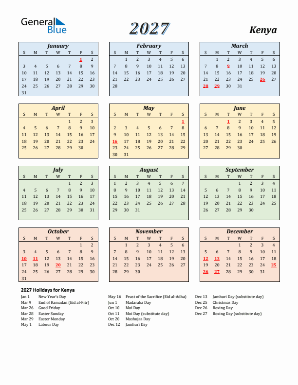 Kenya Calendar 2027 with Sunday Start