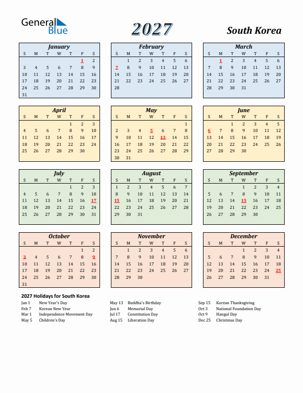South Korea Calendar 2027 with Sunday Start