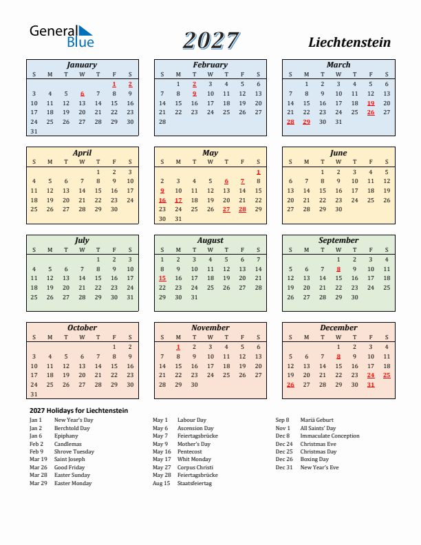 Liechtenstein Calendar 2027 with Sunday Start