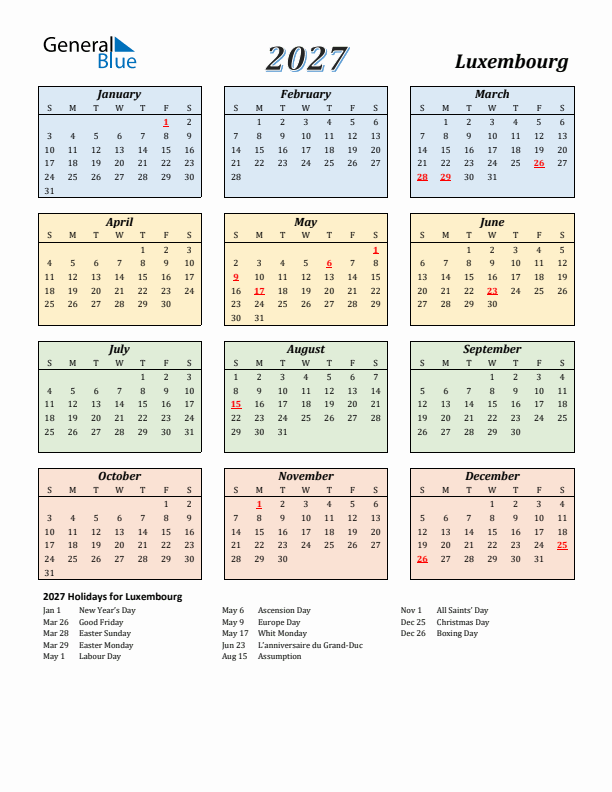 Luxembourg Calendar 2027 with Sunday Start