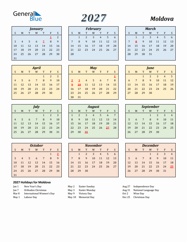 Moldova Calendar 2027 with Sunday Start
