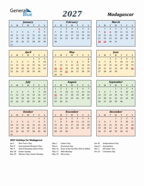 Madagascar Calendar 2027 with Sunday Start