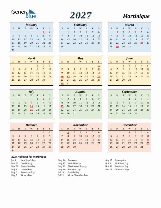 Martinique Calendar 2027 with Sunday Start