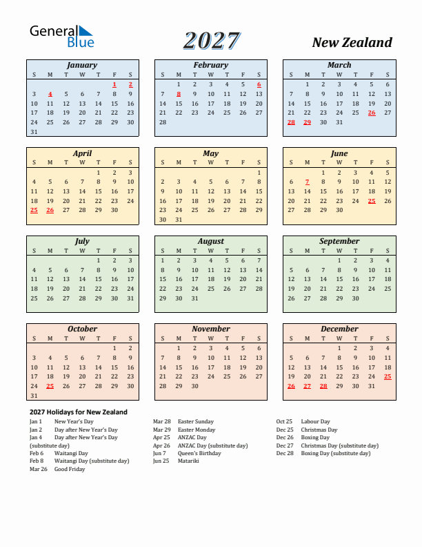 New Zealand Calendar 2027 with Sunday Start