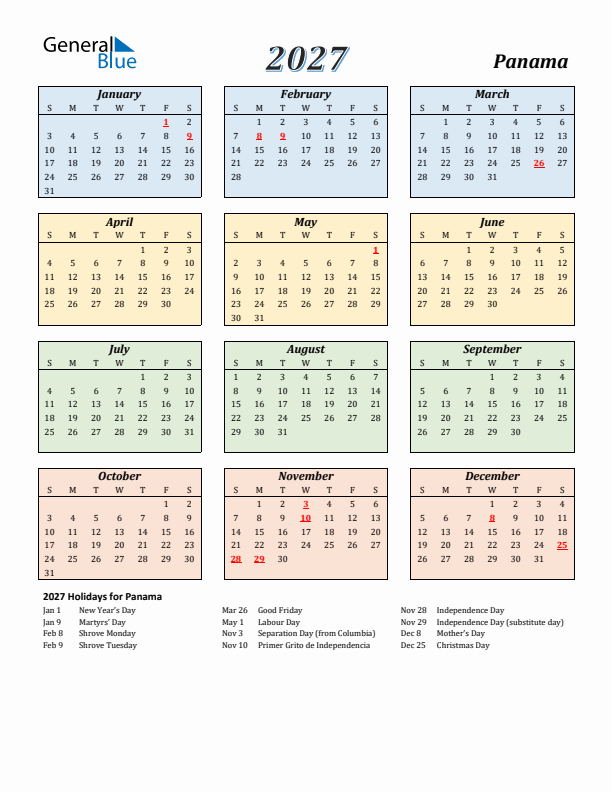Panama Calendar 2027 with Sunday Start