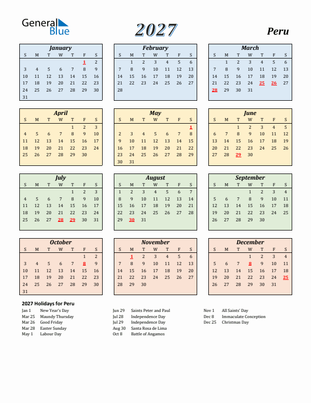 Peru Calendar 2027 with Sunday Start