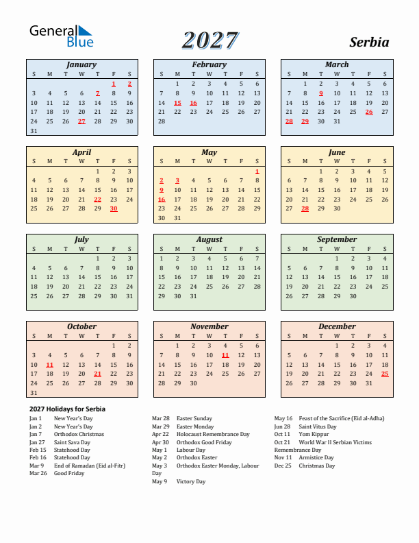 Serbia Calendar 2027 with Sunday Start