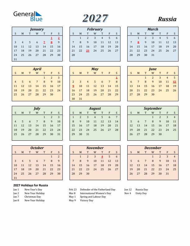 Russia Calendar 2027 with Sunday Start
