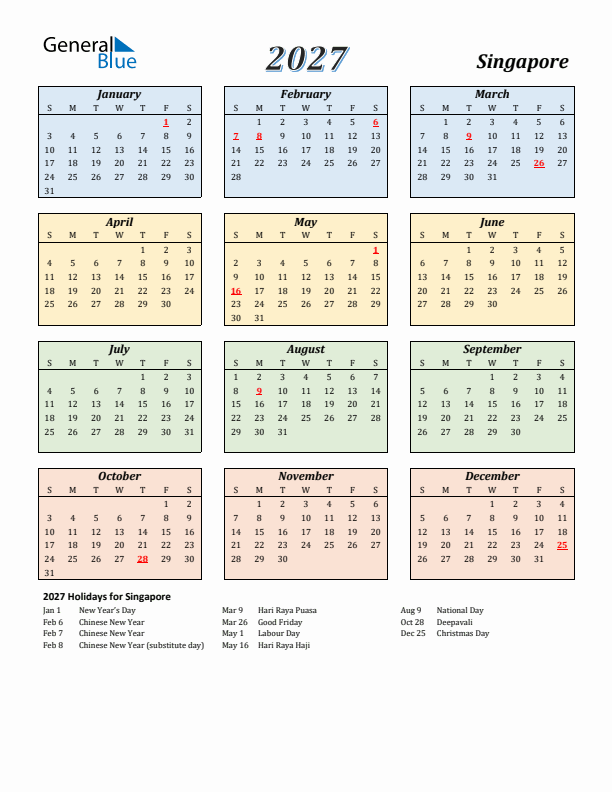 Singapore Calendar 2027 with Sunday Start