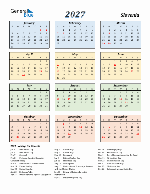 Slovenia Calendar 2027 with Sunday Start