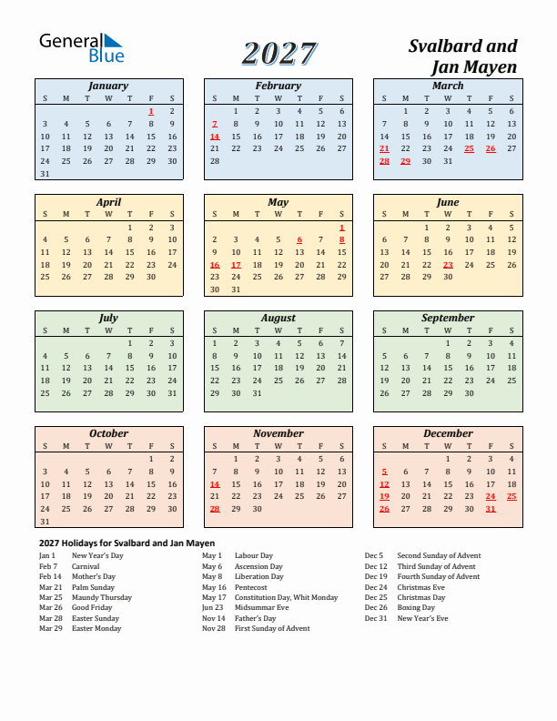 Svalbard and Jan Mayen Calendar 2027 with Sunday Start