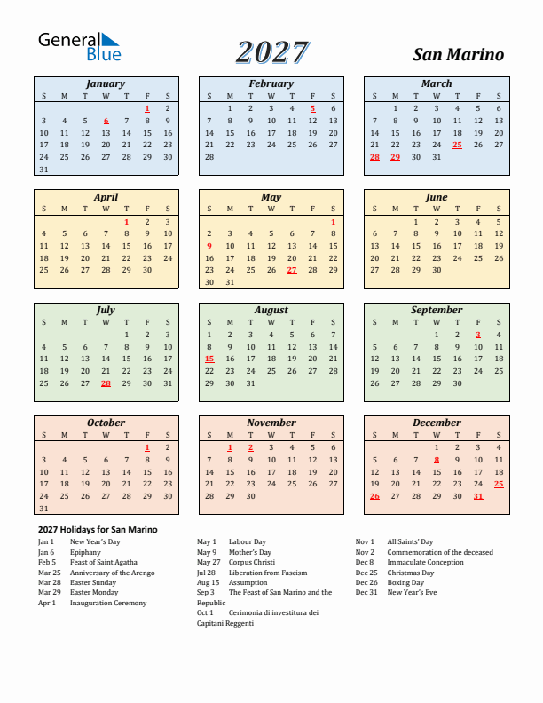 San Marino Calendar 2027 with Sunday Start
