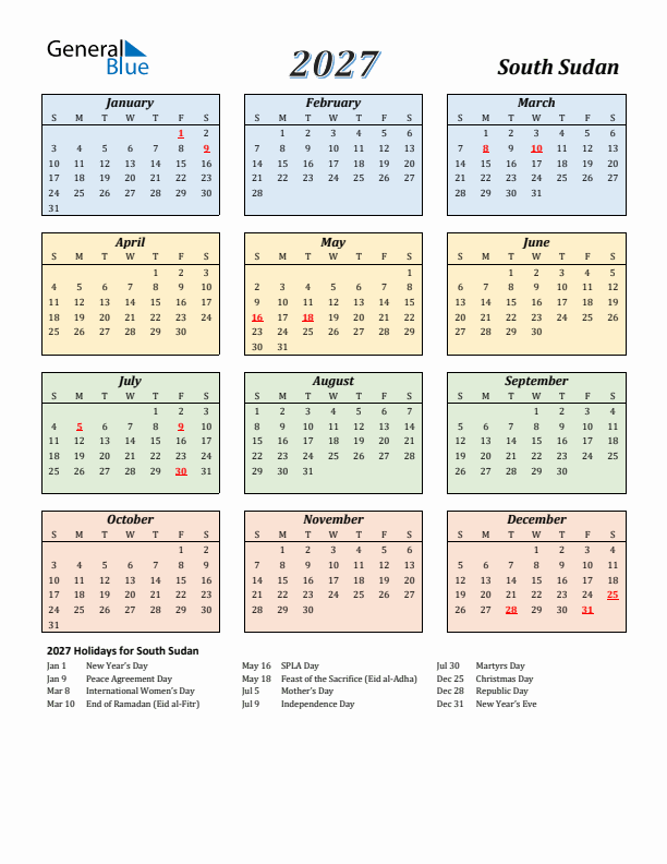 South Sudan Calendar 2027 with Sunday Start