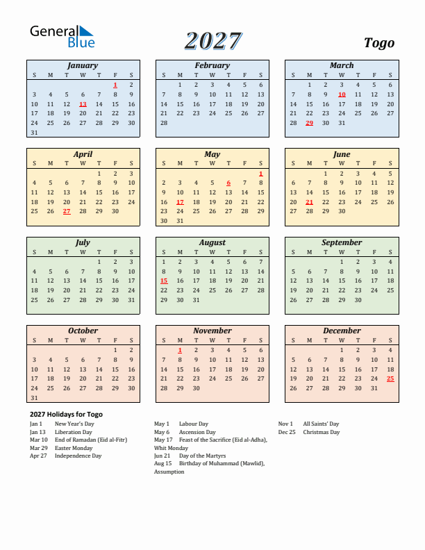Togo Calendar 2027 with Sunday Start