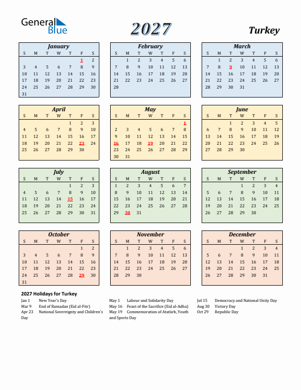 Turkey Calendar 2027 with Sunday Start