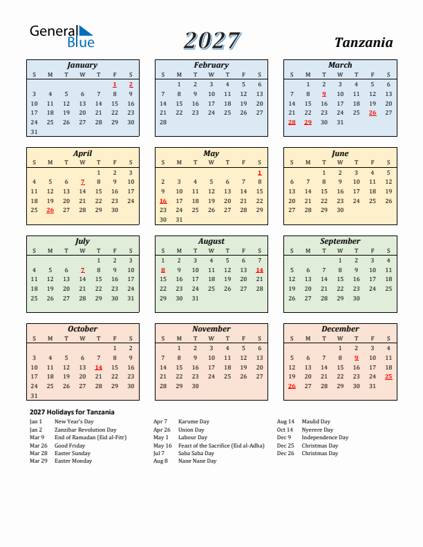 Tanzania Calendar 2027 with Sunday Start