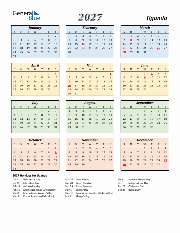 Uganda Calendar 2027 with Sunday Start