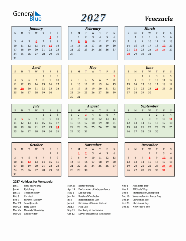 Venezuela Calendar 2027 with Sunday Start