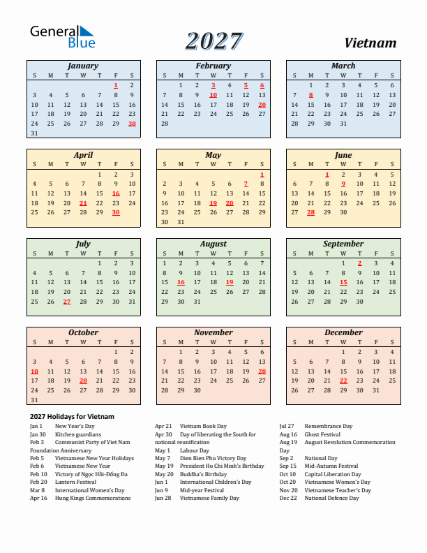 Vietnam Calendar 2027 with Sunday Start