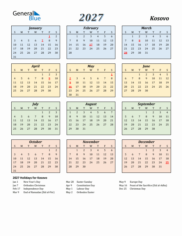 Kosovo Calendar 2027 with Sunday Start