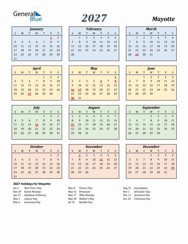 Mayotte Calendar 2027 with Sunday Start