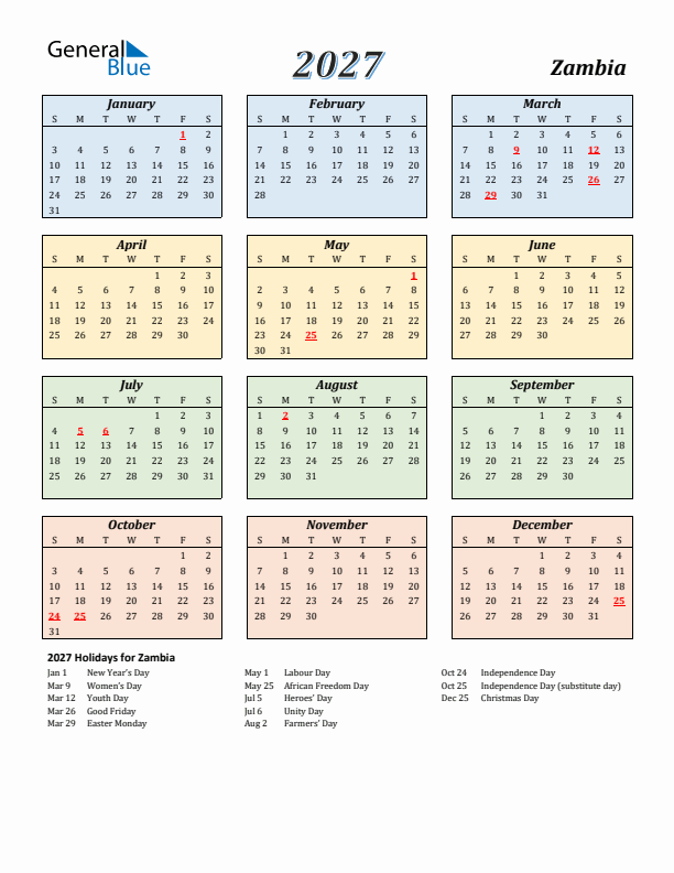 Zambia Calendar 2027 with Sunday Start