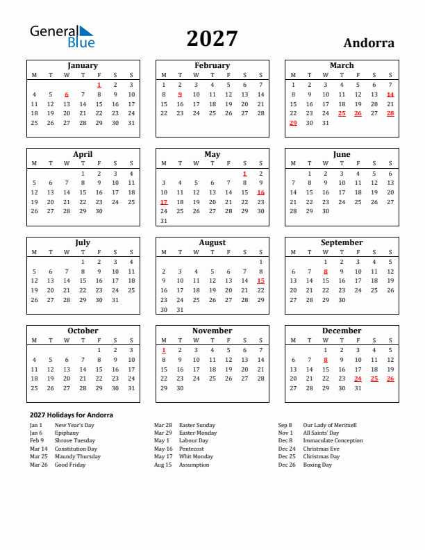 2027 Andorra Holiday Calendar - Monday Start