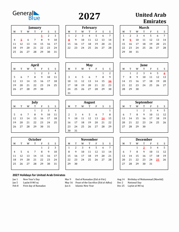 2027 United Arab Emirates Holiday Calendar - Monday Start