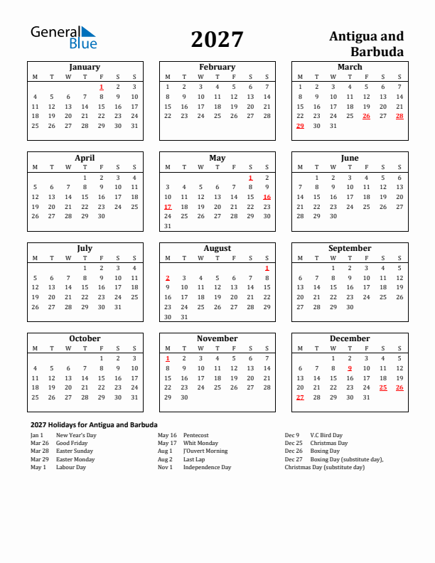 2027 Antigua and Barbuda Holiday Calendar - Monday Start